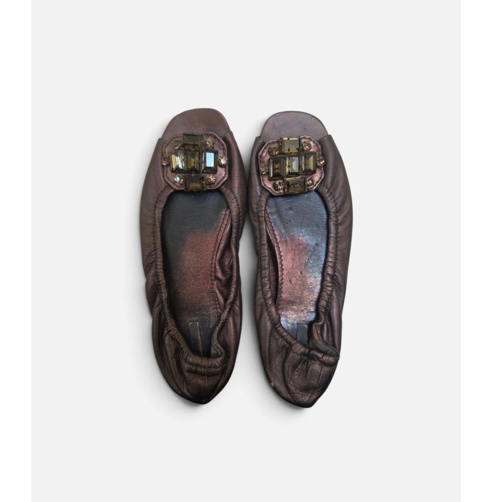 MIu Miu VTG Y2K Peep Toe Jeweled Ballet Flats 8-8.5 Brown Metallic Leather READ
